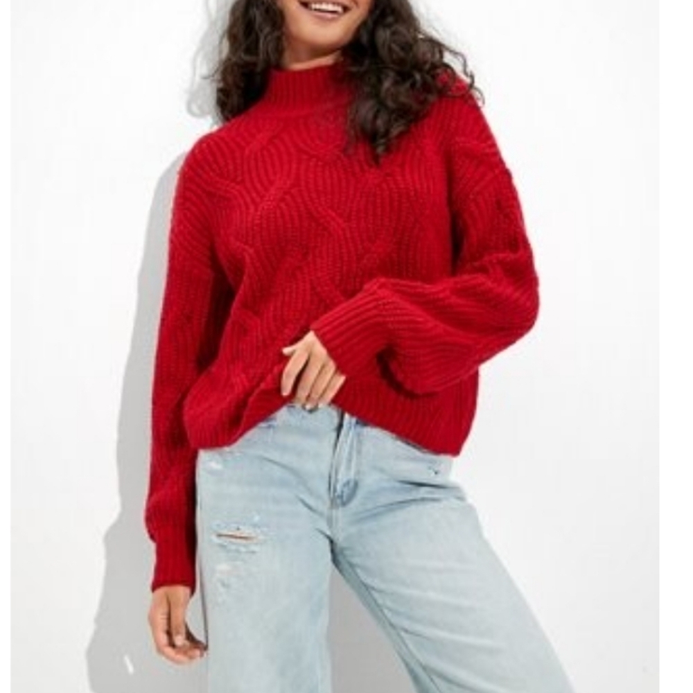 AE American Eagle Cable Knit Mock neck Red Sweater jumper Bishop sleeve size S